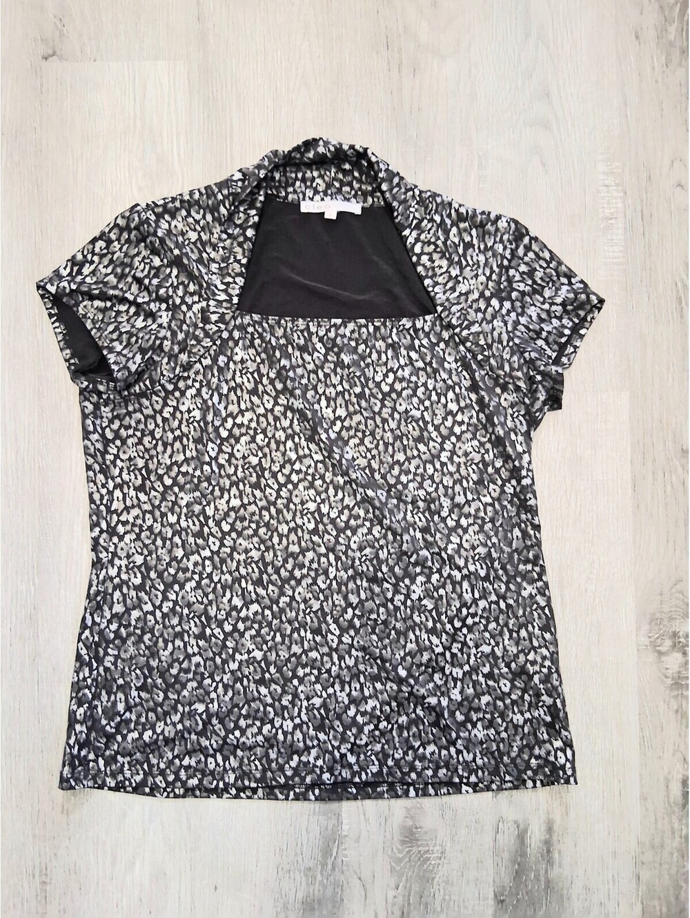 Vintage Cleo Women's L Gray/Black Animal Print Draped Square Neck Blouse Top